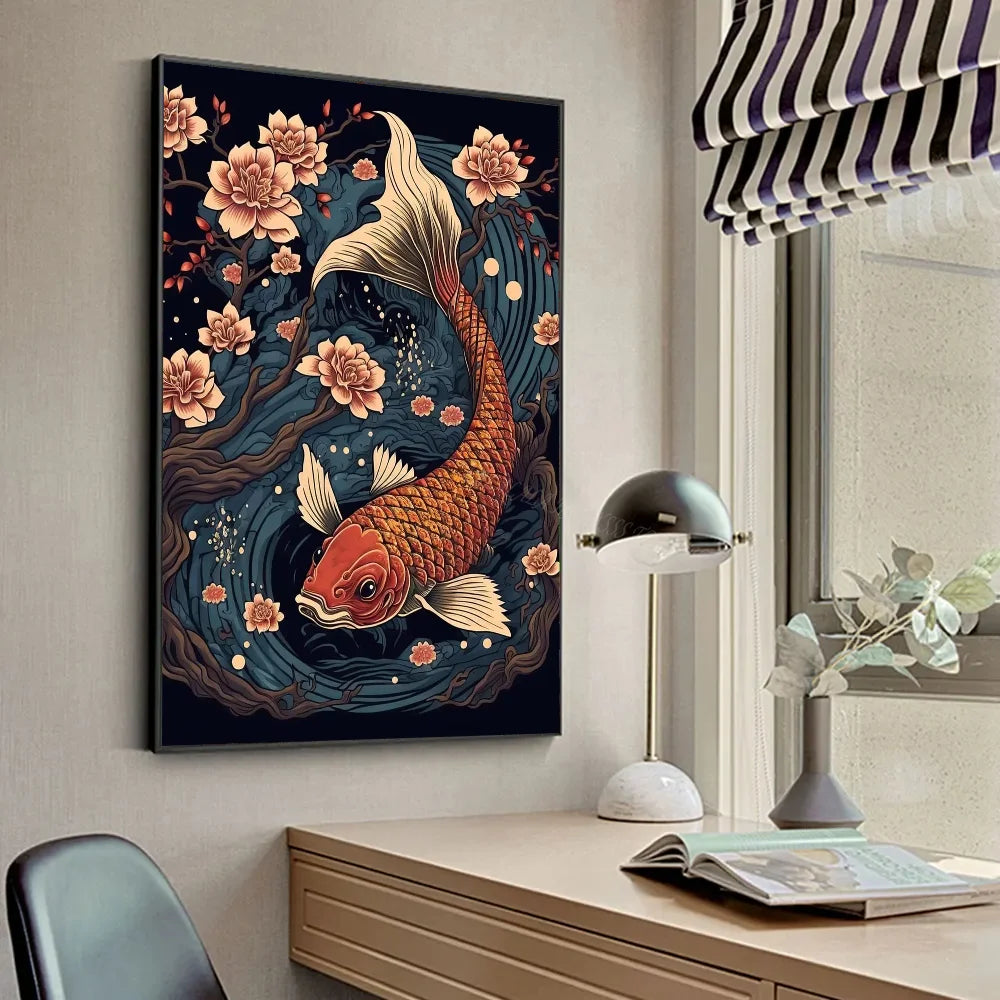 Póster Vintage Zen japonés con paisaje del Monte Fuji, peces Koi, póster HD, pósteres para decoración del hogar, habitación, bar, cafetería, pintura artística para pared