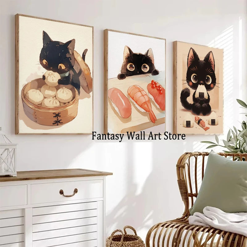 Póster Vintage Japonés Gato Comiendo Ramen Sushi Maneki Neko Arte de Pared de Cocina Gato Japonés Neko Decoración de Pared Lienzo Pintura Restaurante