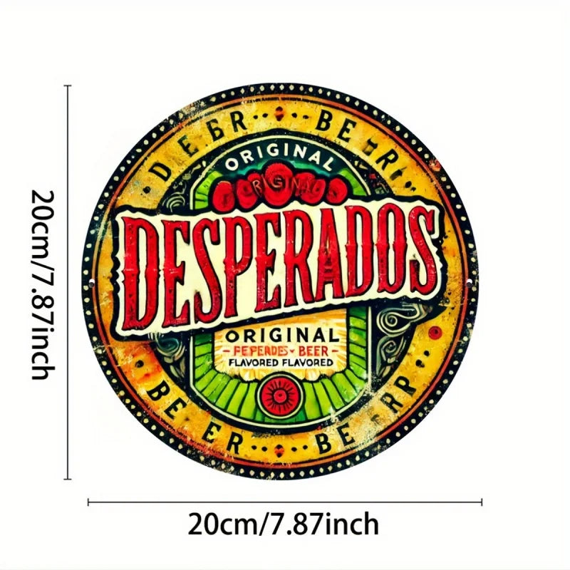 [Bar Highlight] Cartel de Metal Redondo de Cerveza Desperados Vintage - Arte de Pared de Aluminio de 8x8 Pulgadas con Colores Vivos y Diseño Floral