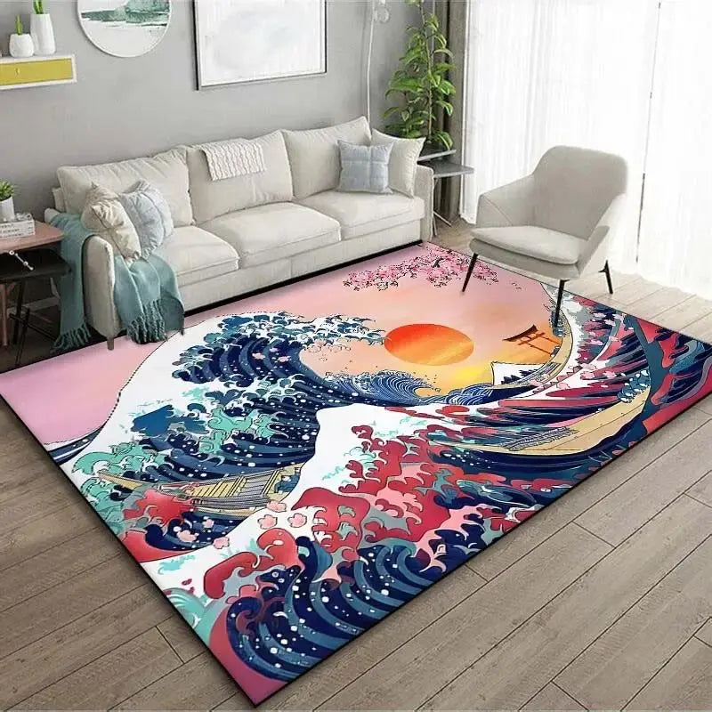 VIKAMA Alfombra de estilo japonés Ukiyo-e para vestíbulo, alfombrilla para balcón, cocina, sala de estar, dormitorio con motivo de la Gran Ola de Kanagawa