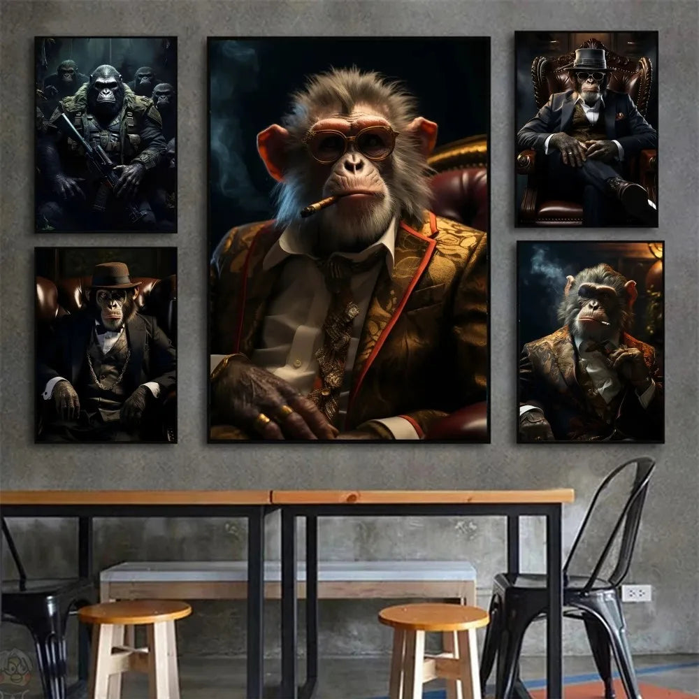 Affiche drôle de singe fumeur chimpanzé en costume de gorille gangsters HD affiches maison chambre bar café décor Art mural peinture photo