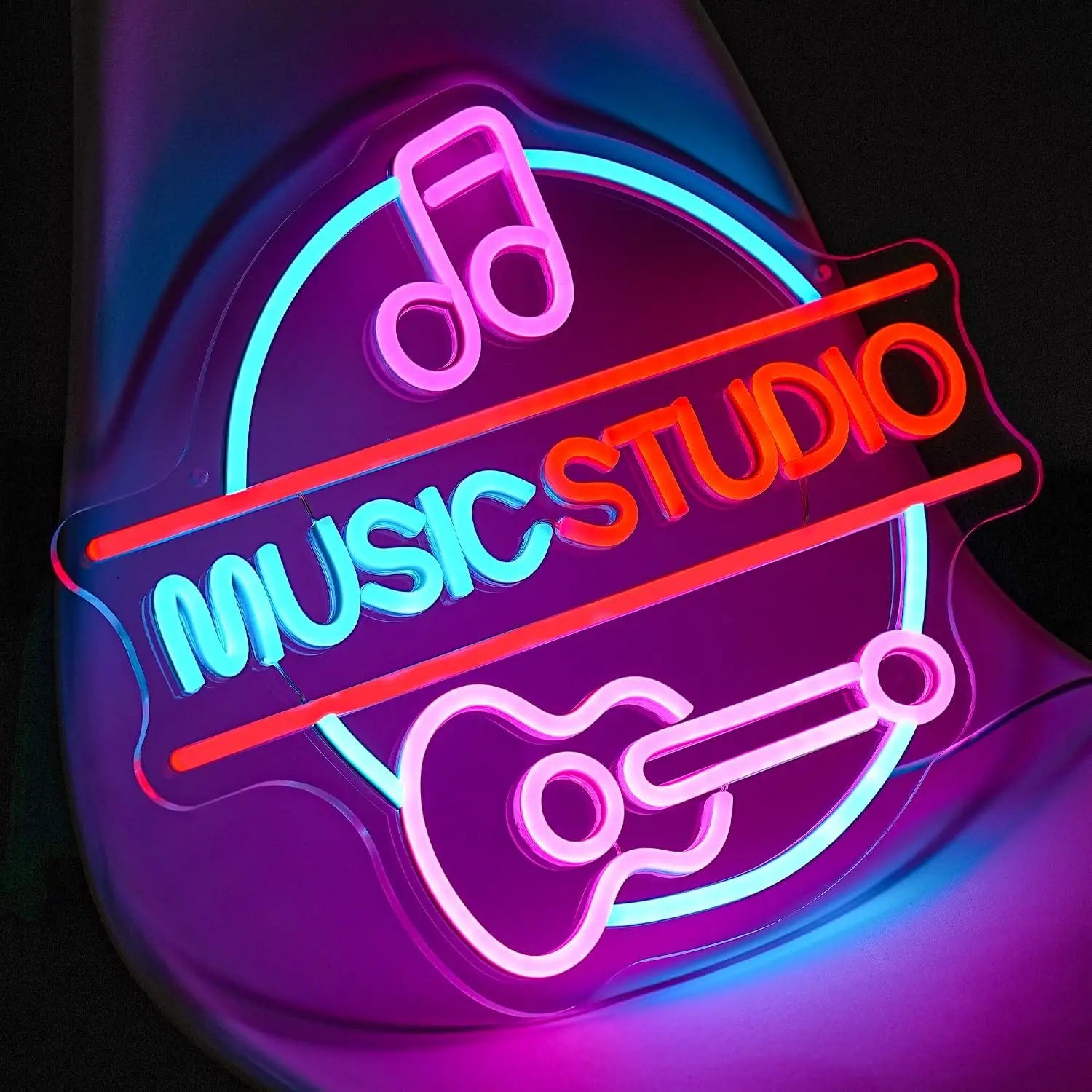 Music Studio Neon Sign with Pink Note and Guitar for Home Studio Bar Band Room Vintage LED Wall Art Glowing Decoration