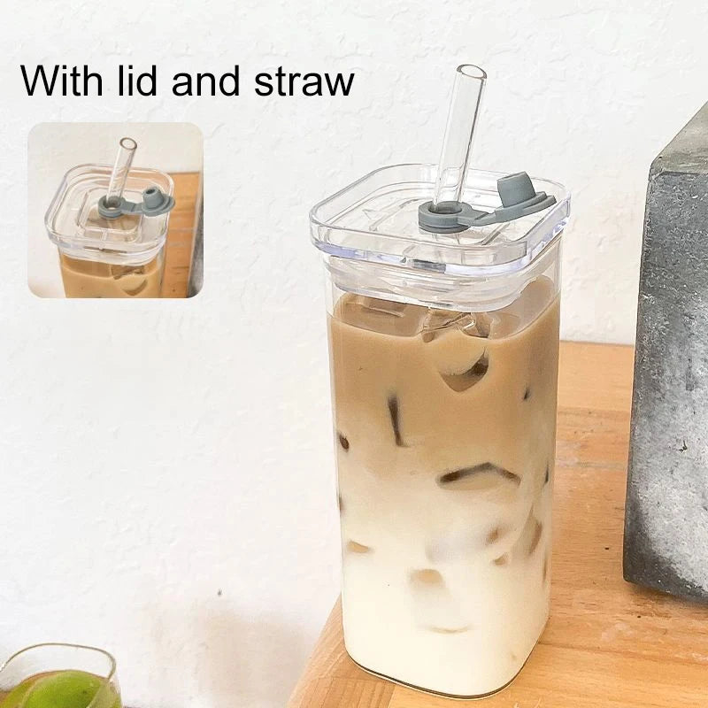 Tasse à café en verre carré résistante à la chaleur avec couvercle et paille, transparente, pour lait, thé, jus, pour la maison, le bar, vaisselle, lot de 1/2/4/6 pièces
