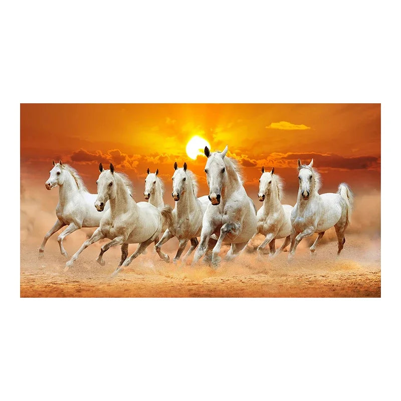 Tableau mural moderne et simple 7 chevaux blancs au galop Paysage coucher de soleil Impression sur toile HD Affiche Décoration maison salon chambre