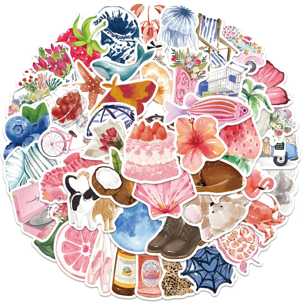 50/100 autocollants aquarelle pour journal, décalcomanies pour téléphone, ordinateur portable, scrapbooking, bagages, casque, graffiti, autocollants esthétiques, cadeaux