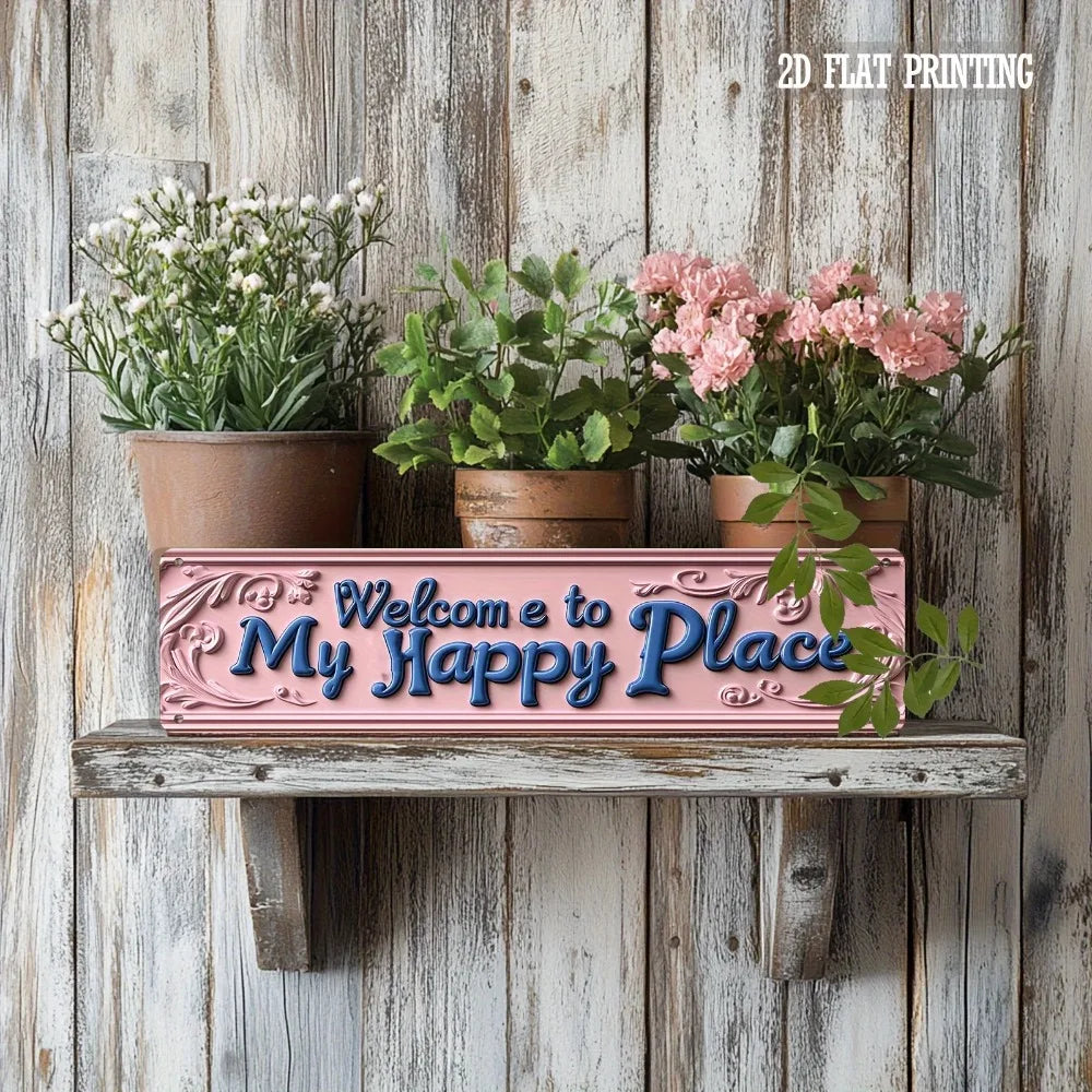 Letrero de metal rosa "Bienvenido a mi lugar feliz" vintage - Decoración rústica de vestíbulo y sala de estar de 4x16", regalo de inauguración de casa
