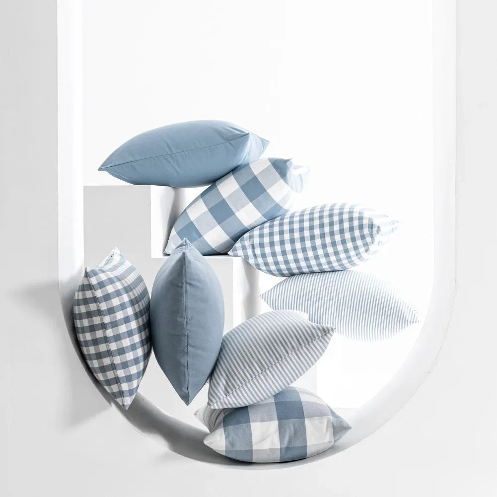 VIKAMA Housse de coussin bleu clair 1 pièce, motif écossais, pour canapé et décoration d'intérieur