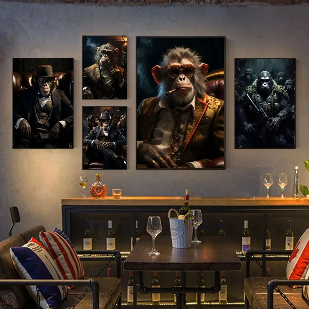 Affiche drôle de singe fumeur chimpanzé en costume de gorille gangsters HD affiches maison chambre bar café décor Art mural peinture photo