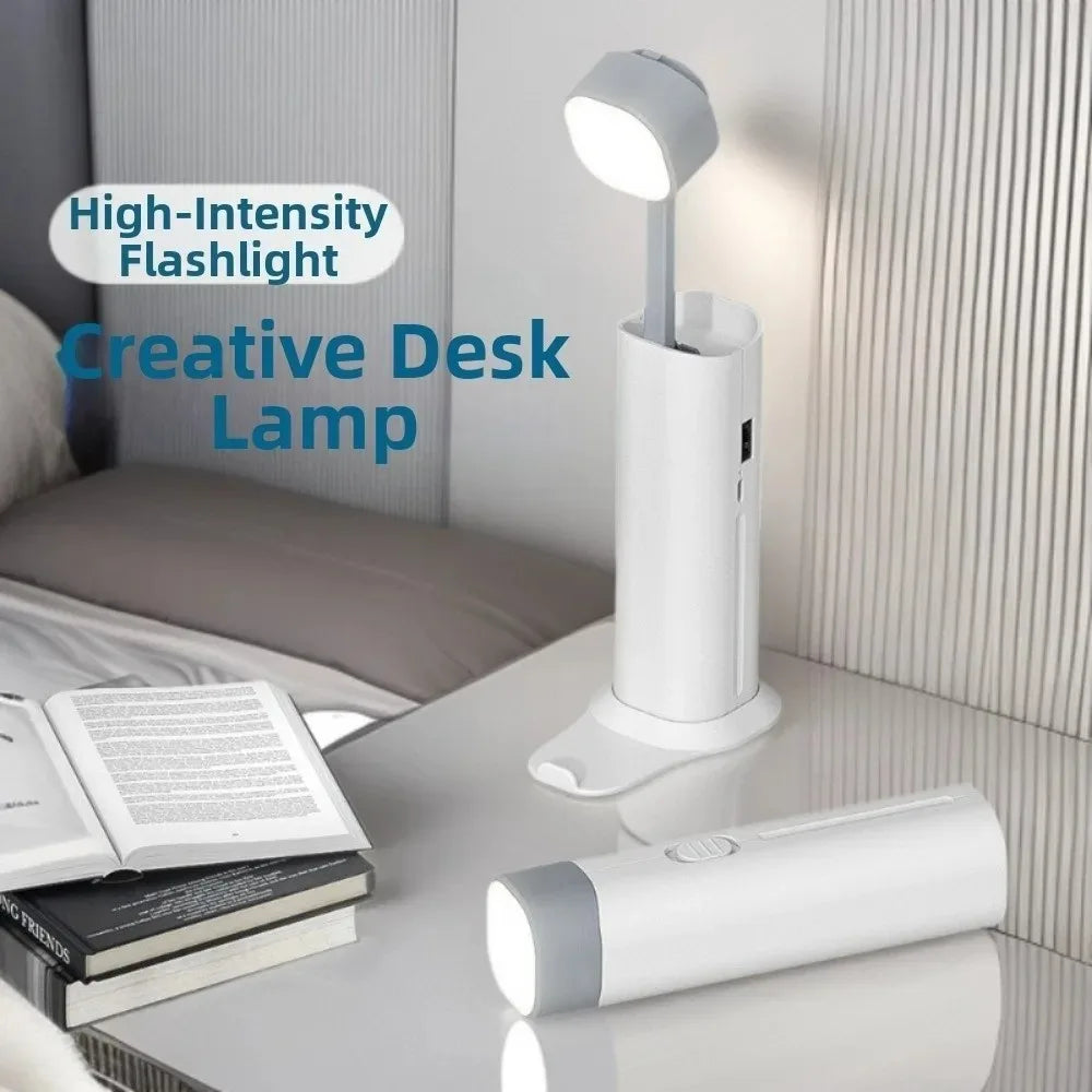 Lámpara de escritorio LED plegable con 3 velocidades de atenuación, protección ocular, carga USB, luz para libros con función de linterna y soporte para teléfono