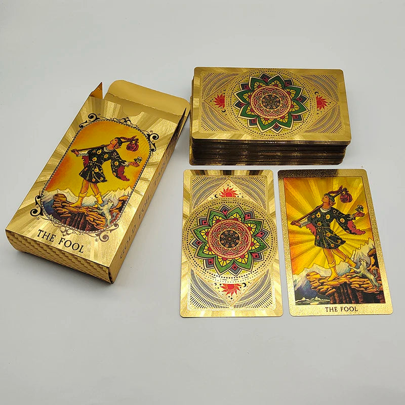 Magnifiques Cartes de Tarot en Plastique Doré Merveilleux Jeux de Société de Divination Prédictive Jeu d'Oracle Astrologique Étanche avec Livret