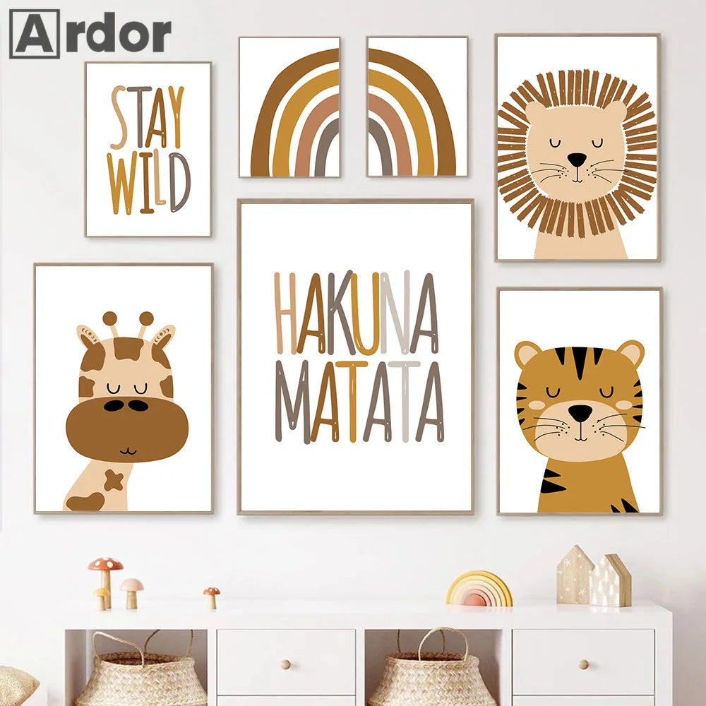 Póster artístico HAKUNA MATATA, lienzo para cuarto de bebé, pintura de animales de león, pósters de tigres, cuadros de pared nórdicos, decoración de habitación infantil