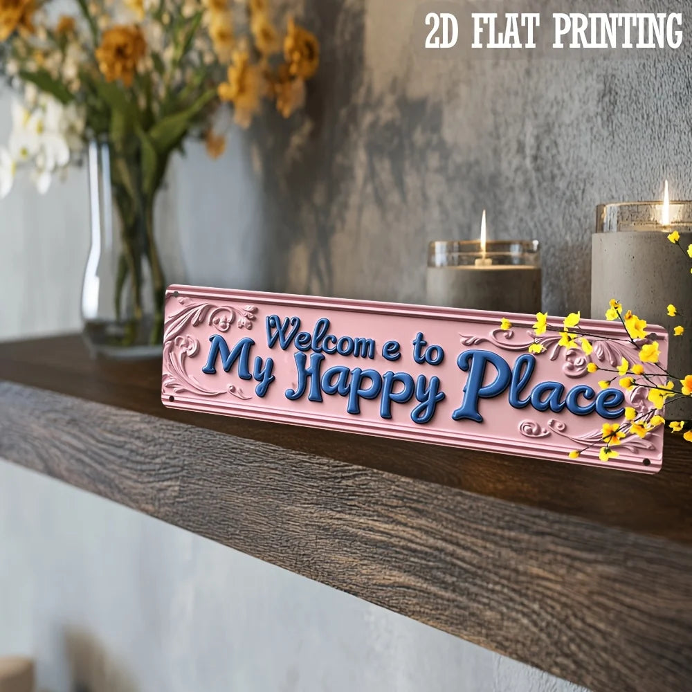 Letrero de metal rosa "Bienvenido a mi lugar feliz" vintage - Decoración rústica de vestíbulo y sala de estar de 4x16", regalo de inauguración de casa