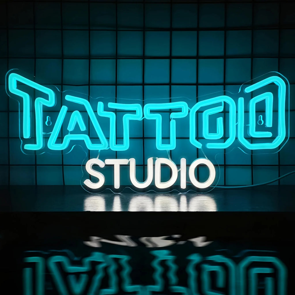 Enseigne Néon Studio Tatouage Bleu Blanc Luminescence Professionnelle Lumière LED pour Salon de Tatouage Bar Club Décoration Murale Maison Enseigne Commerciale Personnalisée Art