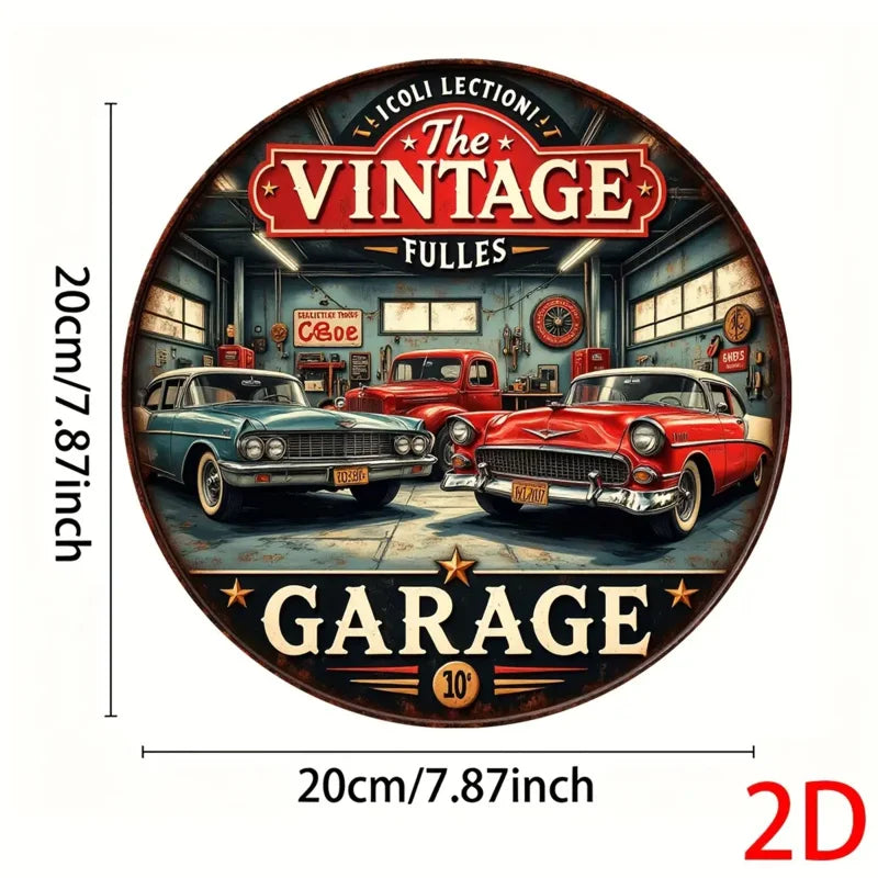 2D Flat Vintage Aluminum Round Wall Plaque - Retro Garage Metal Sign with Classic Cars & Tools Design, Americana Decor for Bars