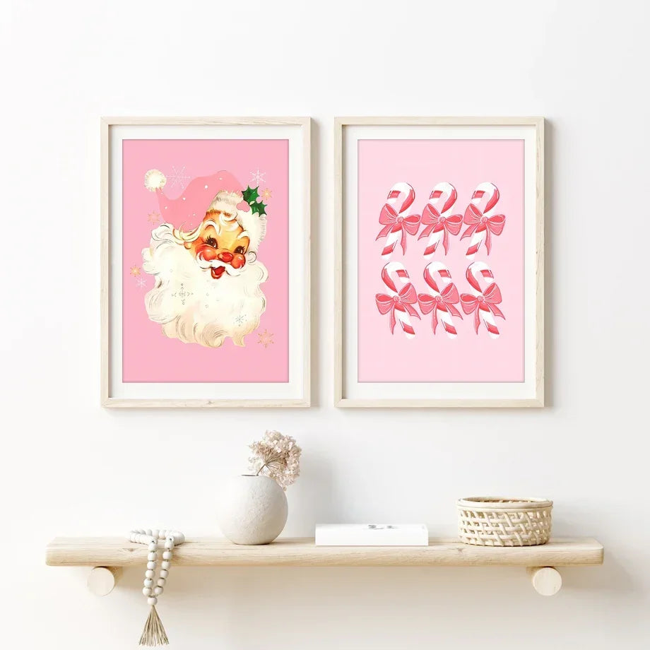 Art mural moderne simple, sapin de Noël rose, Père Noël, impression sur toile HD, affiche pour la maison, le salon, la chambre à coucher