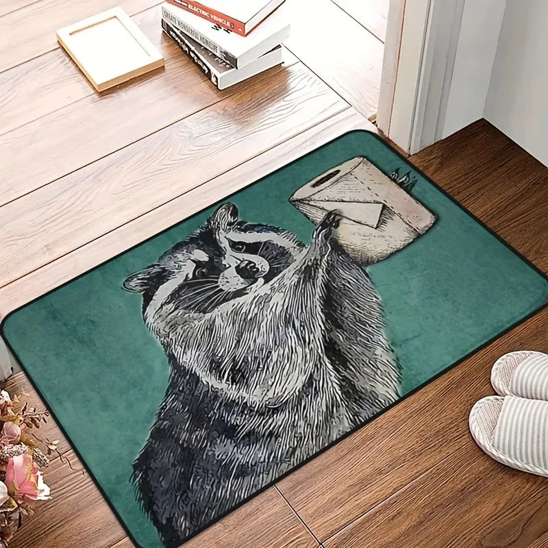 VIKAMA Alfombra de tejido de mapache gris, lindo felpudo, alfombra impermeable y antimanchas para exteriores, felpudo de bienvenida para dormitorio, decoración del hogar