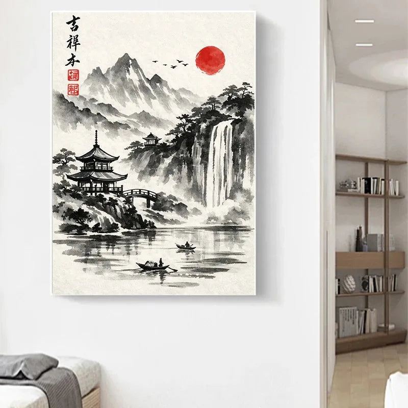 Tableau Paysage Peinture à l'Encre Japonaise Fleurs de Cerisier de Printemps Impression sur Toile Affiche Murale Style Asiatique pour Salon Décoration Maison Cadeau