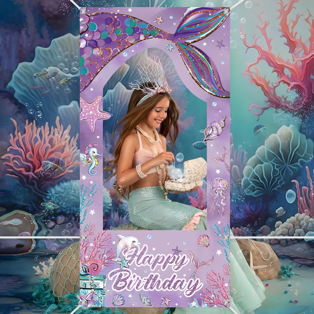 Marco de fotos de sirena Fondo de cola de sirenita Decoración de fiesta de cumpleaños para niñas Suministros de telón de fondo para fiesta de baby shower