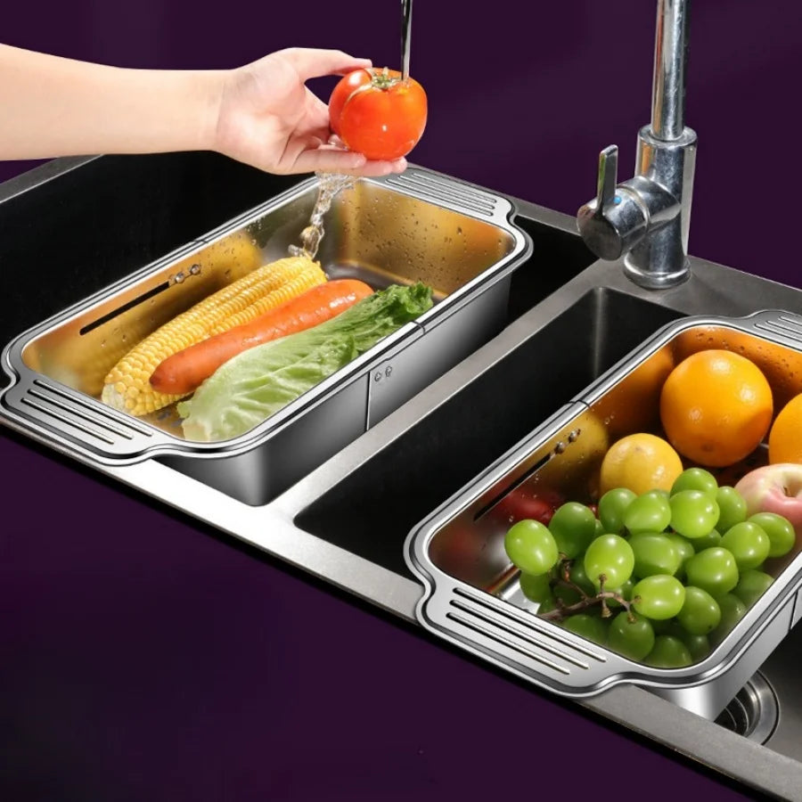 Cesta de filtro de fregadero telescópica de acero inoxidable, longitud ajustable, utilizada para lavar frutas, escurrir espaguetis y vajilla