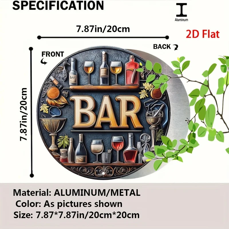 Enseigne murale ronde en métal vintage 2D, 1 pièce - Design élégant de vin et verres, art mural rond en aluminium rétro pour bars, cafés, maisons de plage