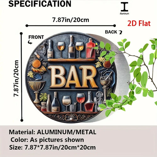 Plano 2D, 1 señal de barra de metal vintage - Elegante diseño de vino y copas, arte de pared redondo retro de aluminio para bares, cafeterías, casas de playa