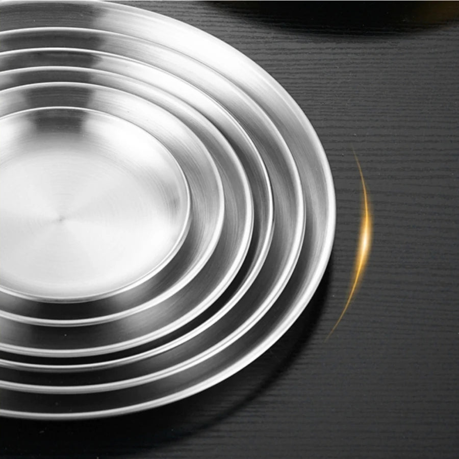 4 assiettes en acier inoxydable argentées, assiettes de viande grillée de style coréen, plateaux circulaires ménagers, assiettes à os, assiettes à gâteau