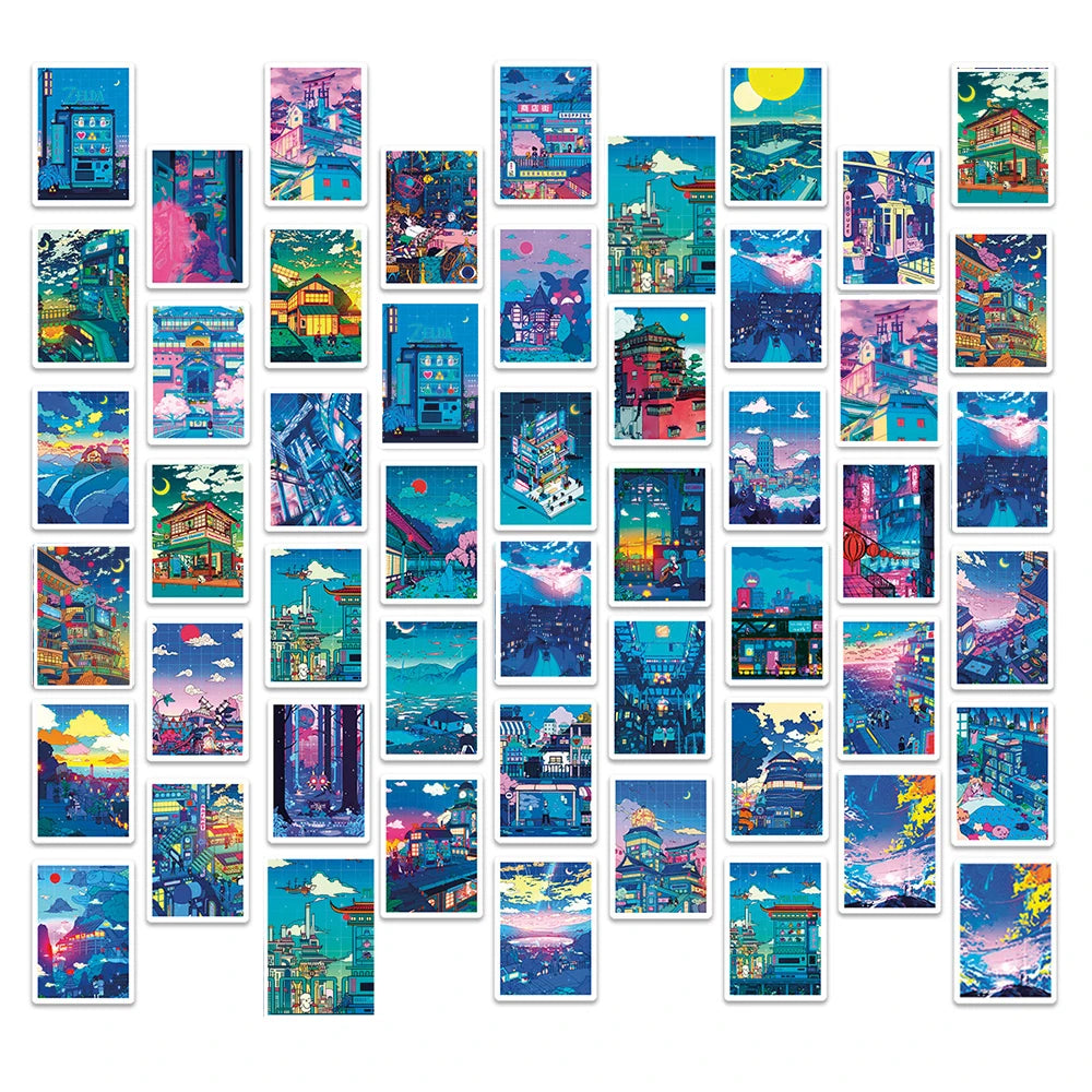 10/30/50pcs Lindas pegatinas de dibujos animados de vista nocturna de calle artística, calcomanías estéticas Ins, álbum de recortes, teléfono, laptop, equipaje, pegatina de pared, juguete para niños