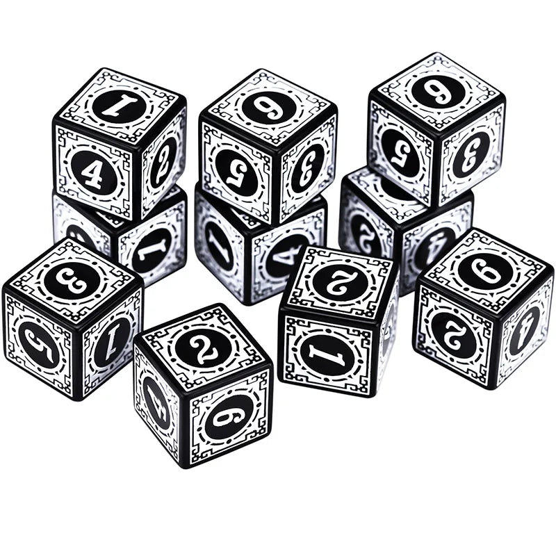 10PCS/Set Acrylic Dice Set D6 Carved Pattern Polyhedron Dice 6-sides Game Dice for RPG Dungeons and Dragons Board Game