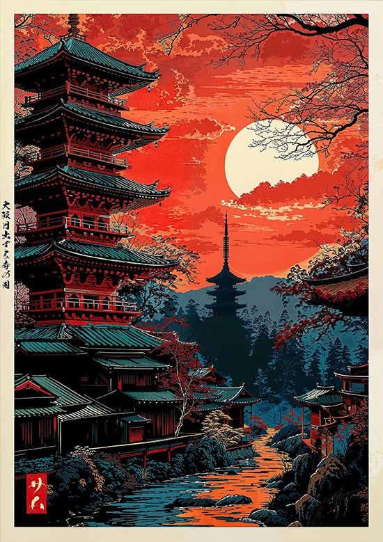 Tokio Paisaje Anime Ilustración Lámina Póster Escena Nocturna Japonesa Fuji Estilo Pintura Vintage Arte Decorativo Lienzo Arte de Pared Retro