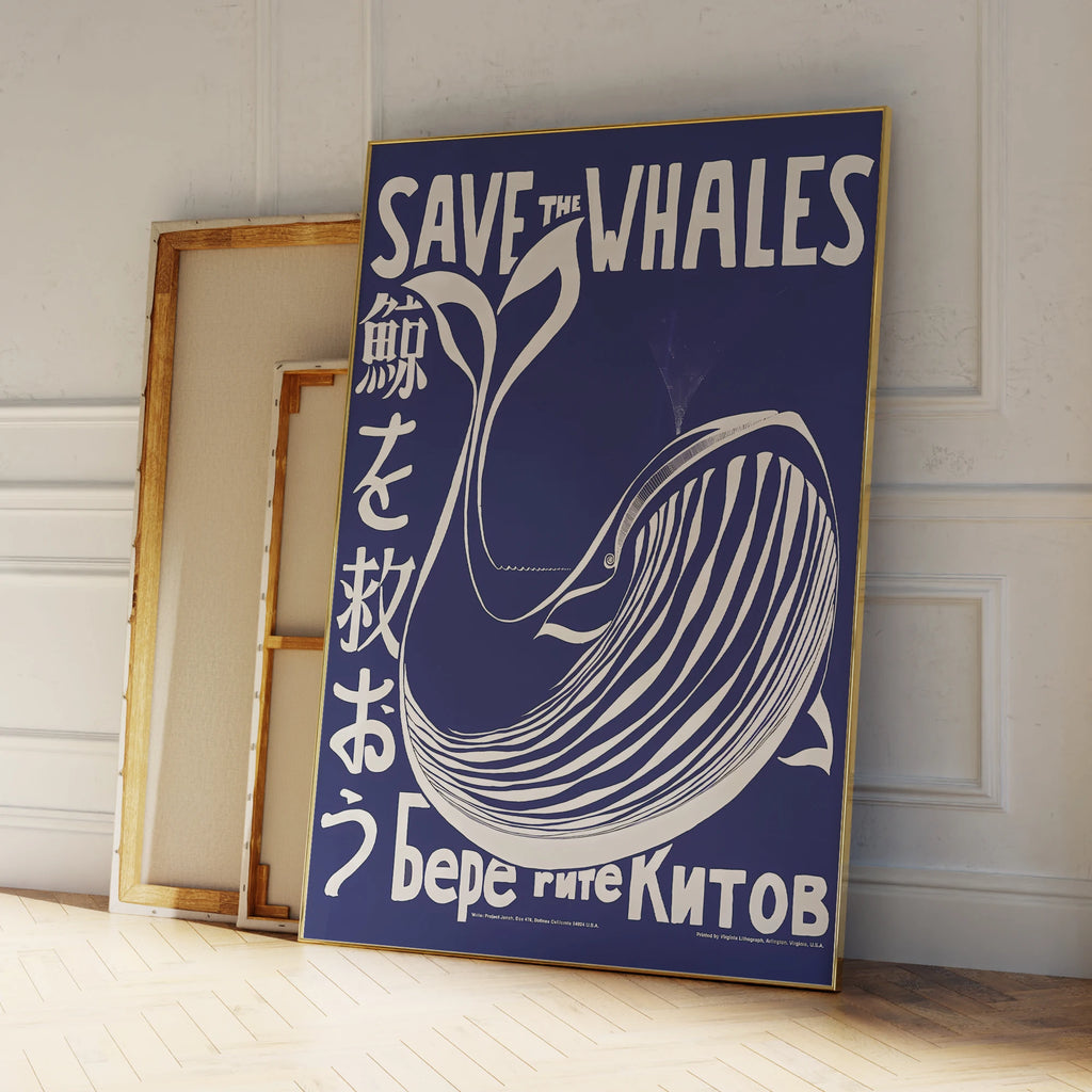 Póster de arte de pared moderno japonés retro azul Salva a las ballenas, impresiones en lienzo, cuadro para sala de estar, decoración del hogar