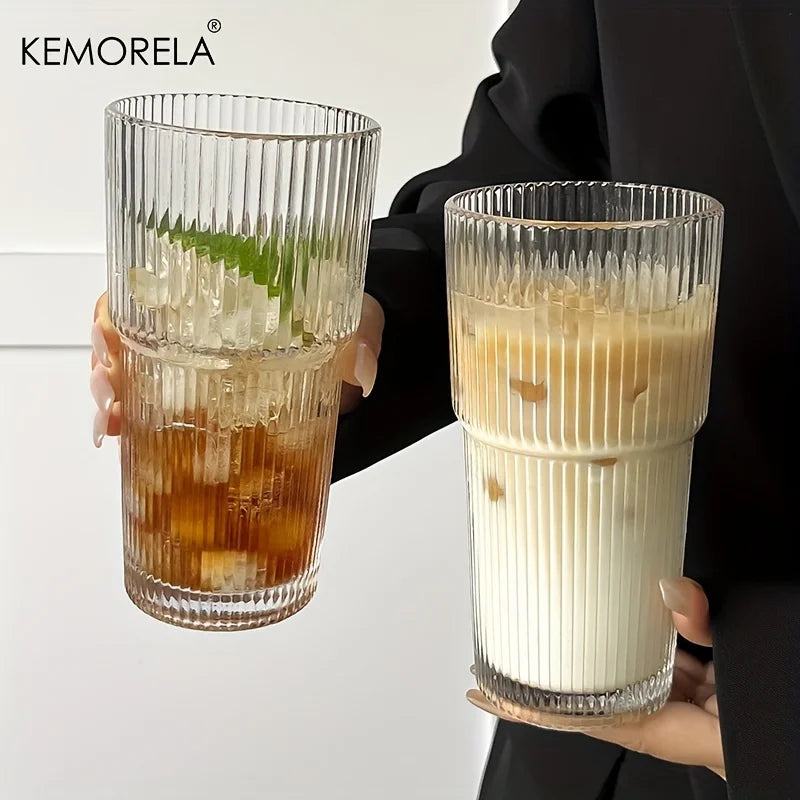 Vaso de café de cristal a rayas de 600 ml con tapa y vaso transparente sin pajita para zumo, café helado, tazas, vasos