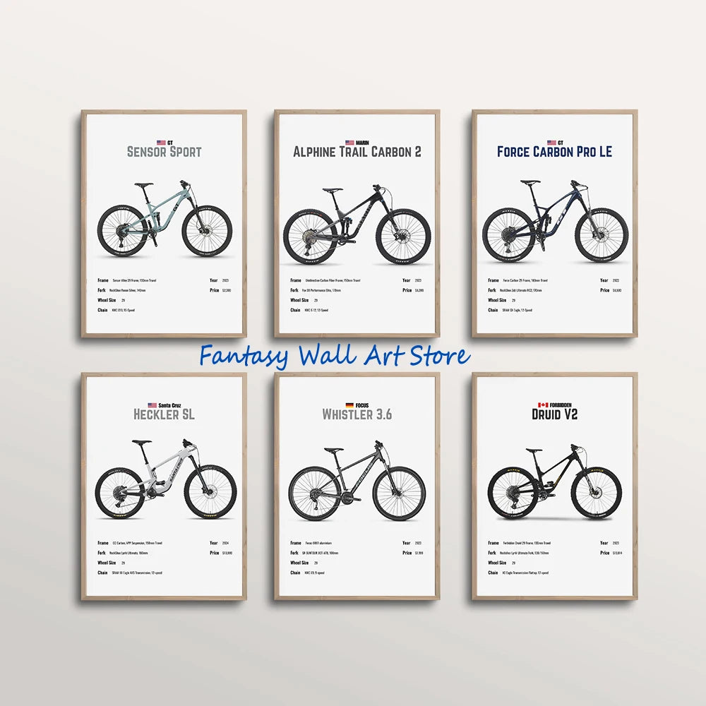 Bicicleta de Montaña de Lujo, Bicicleta Famosa, Parámetros, Póster Minimalista, Cuadro en Lienzo, Imágenes de Pared, Decoración para el Hogar, Regalos para Amantes de las Bicicletas