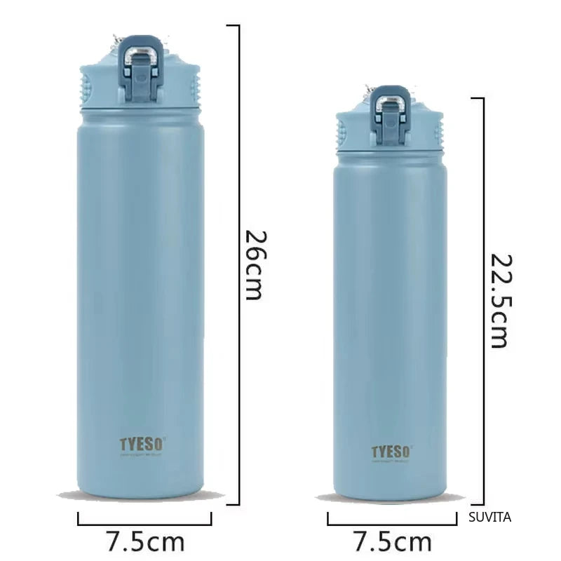 Botella de agua termo TYESO de 600 ml/750 ml con pajita, taza térmica deportiva de acero inoxidable para coche, mantiene el frío y el calor, taza de viaje térmica