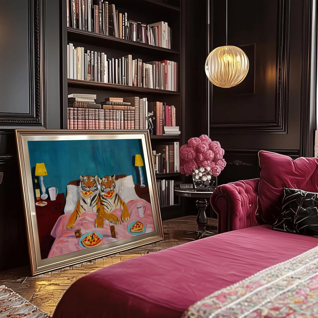Cuadro de Arte de Pared Tigre Pizza: Arte de Pared Retro Decoración Dopamina, Impresión de Arte de Creatividad, Impresión Grande para el Hogar