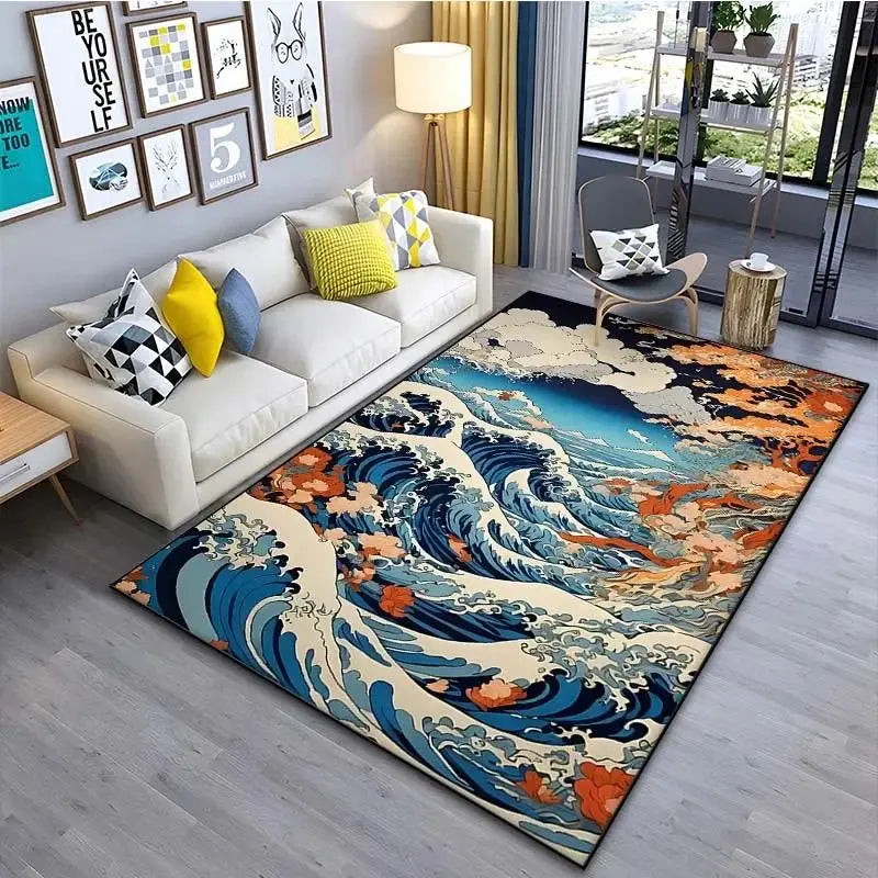 VIKAMA Alfombra de estilo japonés Ukiyo-e para vestíbulo, alfombrilla para balcón, cocina, sala de estar, dormitorio con motivo de la Gran Ola de Kanagawa