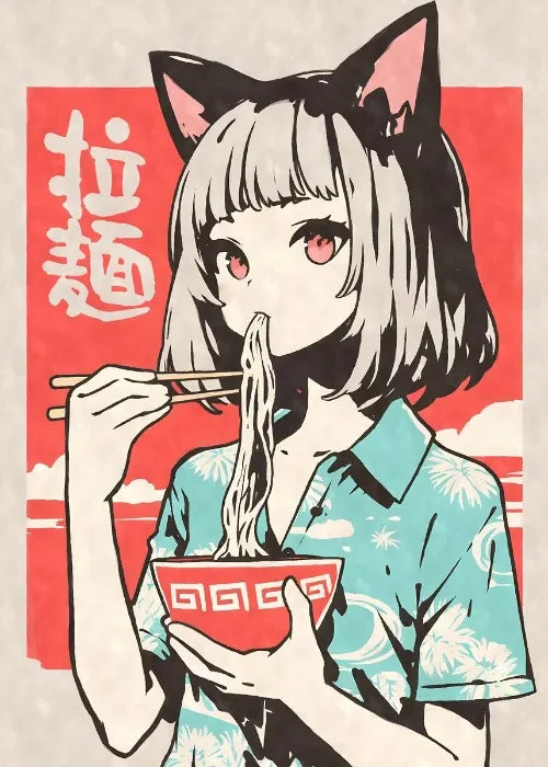 Cat Ear Anime Girl Eating Ramen Poster Aesthetic Anime Ramen Art Prints Japanese Style Cartoon Decor Sexy Girl Canvas Painting