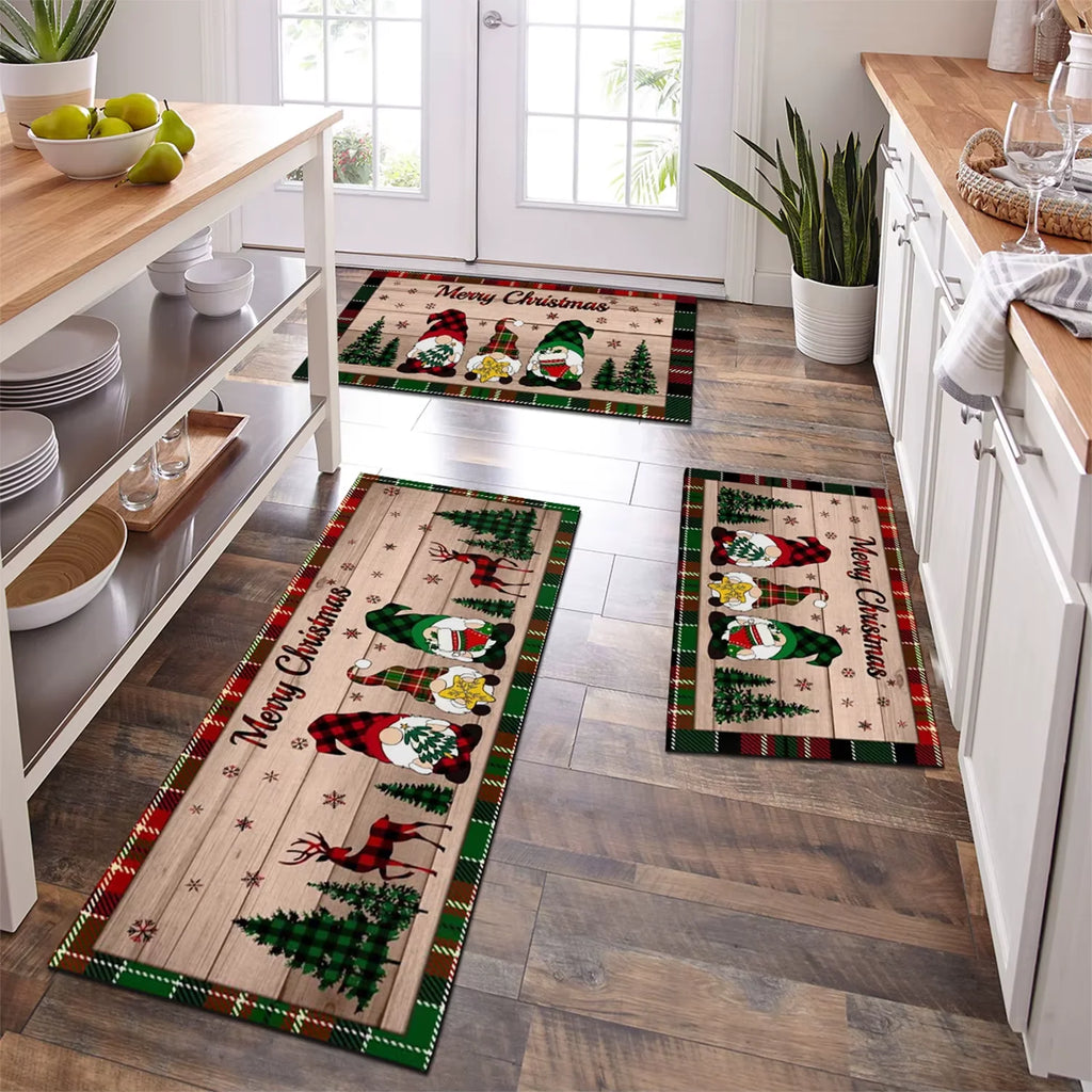 Vikama Tapis de Noël Nain Motif Sapin Tapis de Cuisine Salon Chambres Tapis de Chevet Antidérapant Tapis de Sol Salle de Bain