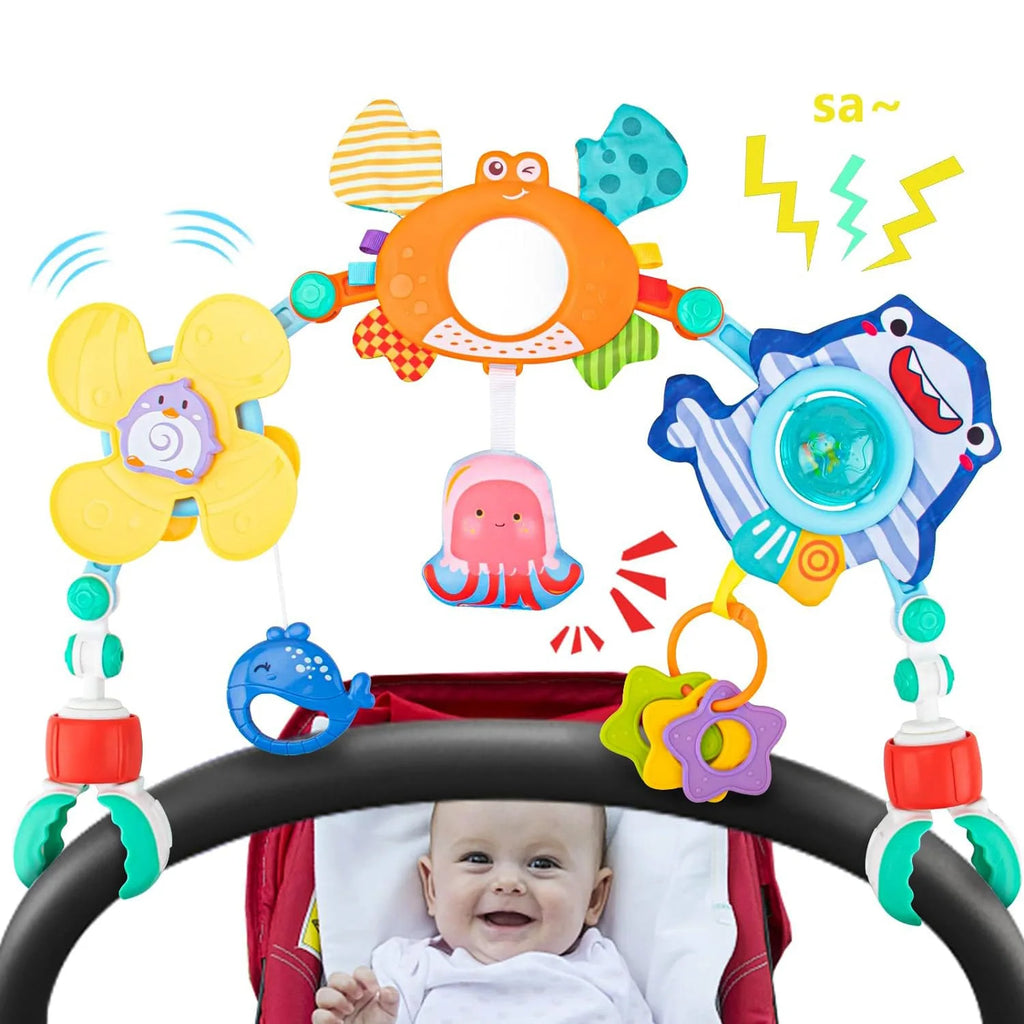 Juguetes de arco para cochecito de bebé, juguetes de arco de actividades para cochecito, juguetes para saltador, juguetes para el desarrollo sensorial y habilidades motoras finas, juguetes de arco para asiento de coche de bebé