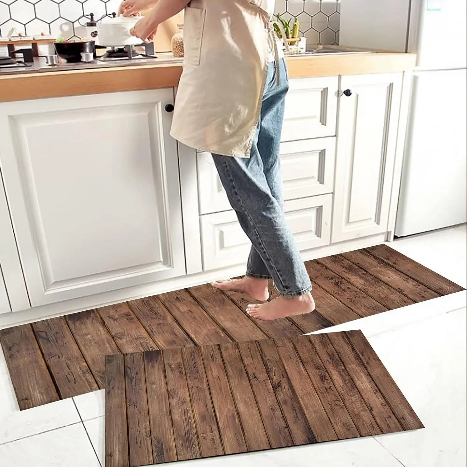 VIKAMA 1/2 PIEZAS Tapete de Cocina de Madera Vintage Cómodo Antideslizante Alfombra de Área Interior Tapete para Pies Decoración del Hogar Lavandería Balcón
