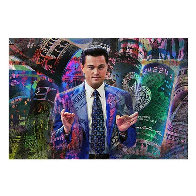 Arte de pared vintage, tarjeta negra americana El lobo de Wall Street, póster impreso en lienzo, decoración para sala de estar o dormitorio