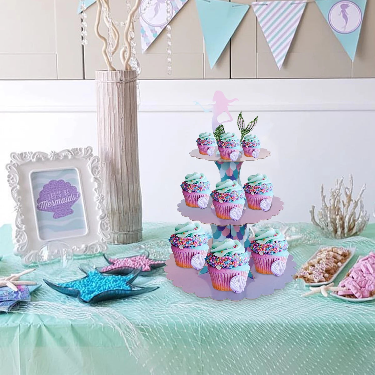 Soporte para Magdalenas con Cola de Sirena, Bajo el Mar, Suministros para Fiesta de Cumpleaños de la Sirenita, Decoración para Fiestas de Boda y Cumpleaños, Baby Shower para Niños