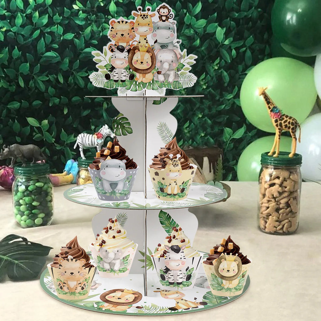 Présentoir à cupcakes Safari Animaux de la Jungle Décorations de Fête d'Anniversaire Baby Shower Support à Gâteaux Fournitures de Fête d'Anniversaire Thème Animaux Sauvages pour Enfants