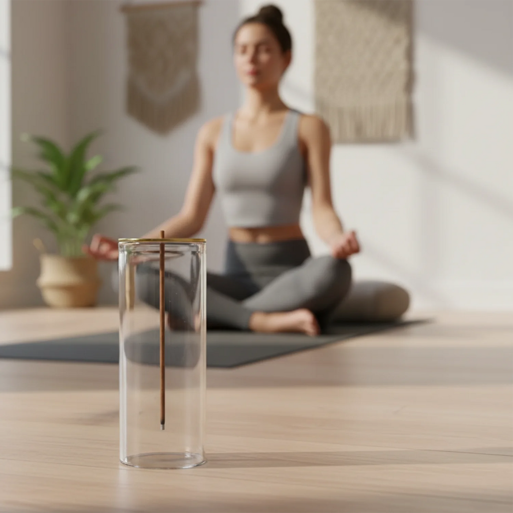 Porte-encens moderne en verre pour bâtonnets courts, brûleur d'encens anti-cendres volantes avec récupérateur de cendres pour le yoga et la méditation