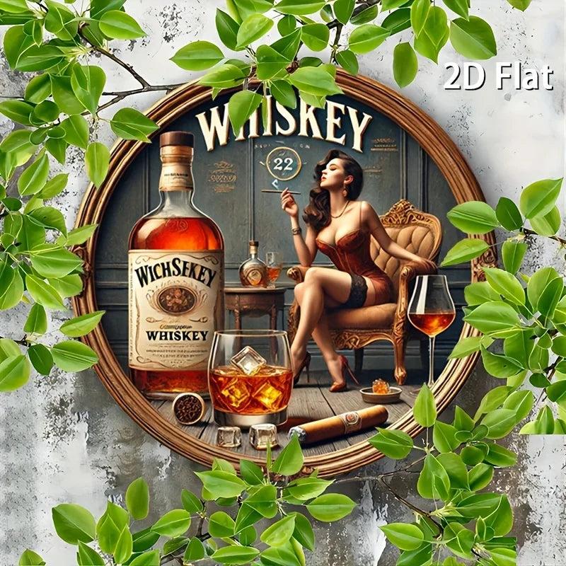 1 letrero de metal redondo vintage con temática de whisky - Diseño de logotipo inspirado en mujer del whisky y James Bond, arte de whisky escocés y bourbon