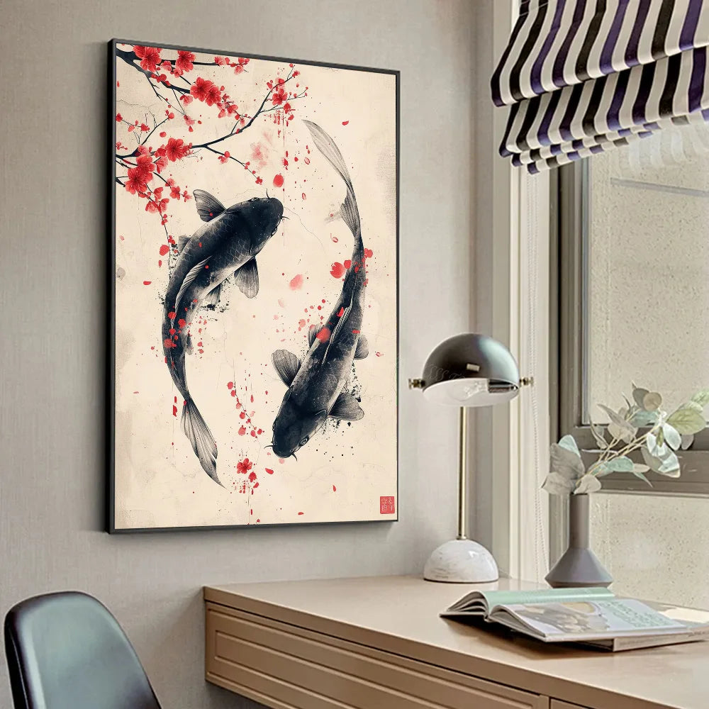 Póster Vintage Zen japonés con paisaje del Monte Fuji, peces Koi, póster HD, pósteres para decoración del hogar, habitación, bar, cafetería, pintura artística para pared