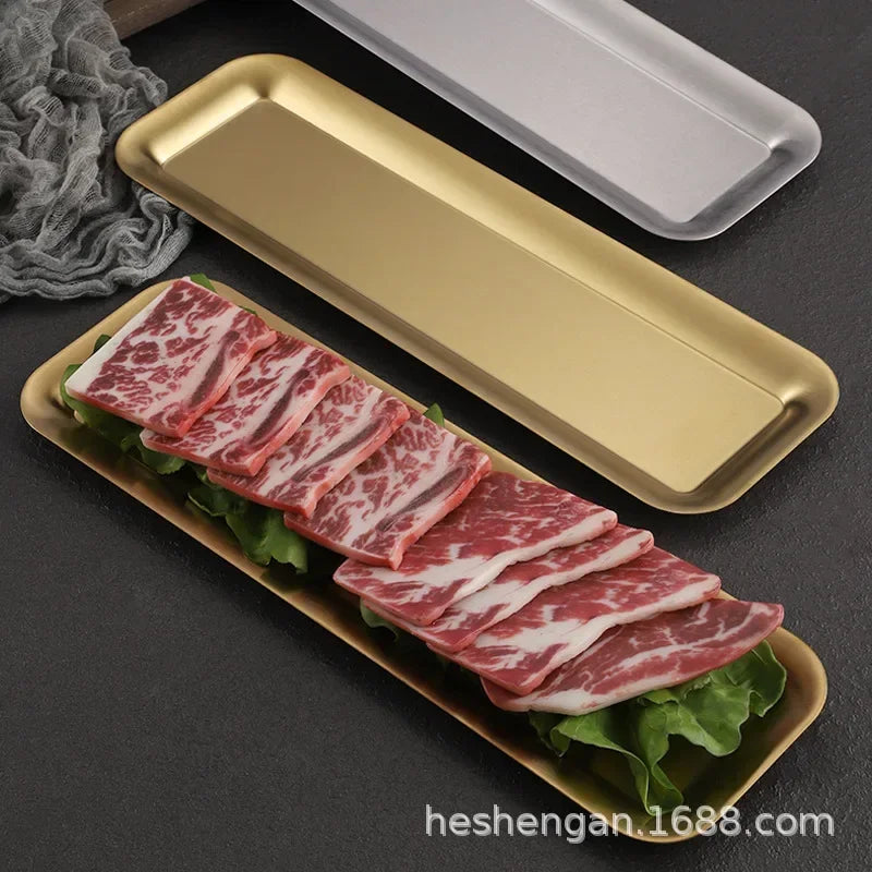Plaque rectangulaire en acier inoxydable 304 version coréenne, plaque de bande de 40 cm, plaque à sushi dorée épaisse, plaque de barbecue, plaque plate