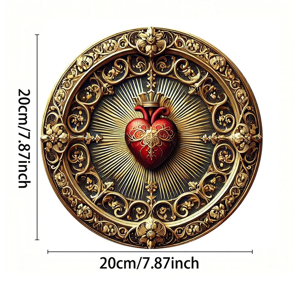 Arte de Pared Vintage del Sagrado Corazón de Aluminio - Decoración Religiosa Dorada y Roja, Arte Espiritual para el Hogar u Oficina