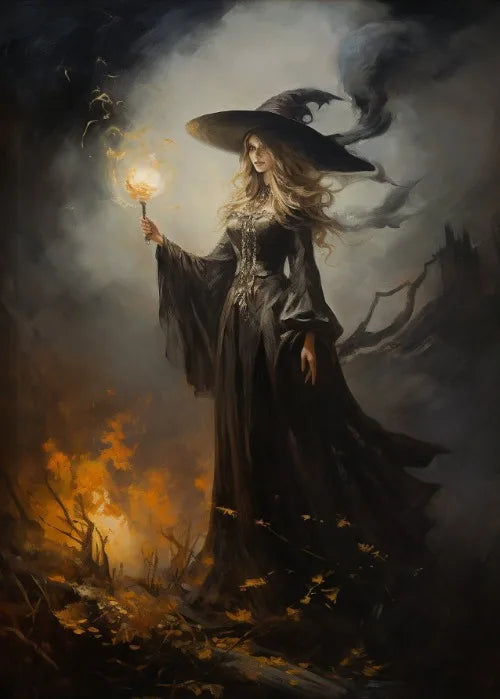 Estampa artística de bruja, bruja con luna llena, decoración de pared, pintura de brujas en la oscuridad, decoración de pared, póster de lienzo, decoración romántica oscura