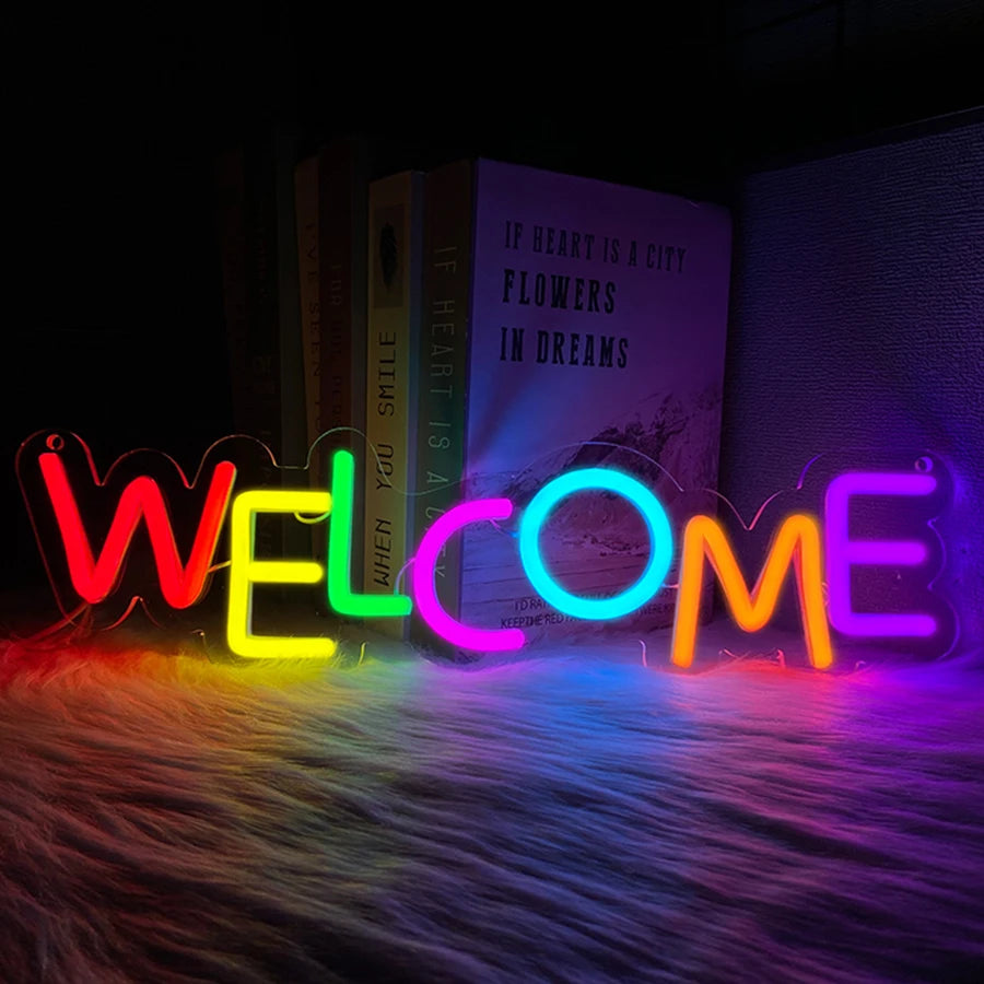 Letrero de neón de bienvenida, lámpara de pared comercial alimentada por USB, muy adecuado para restaurantes, salones, bares, cafeterías, decoración de tiendas.