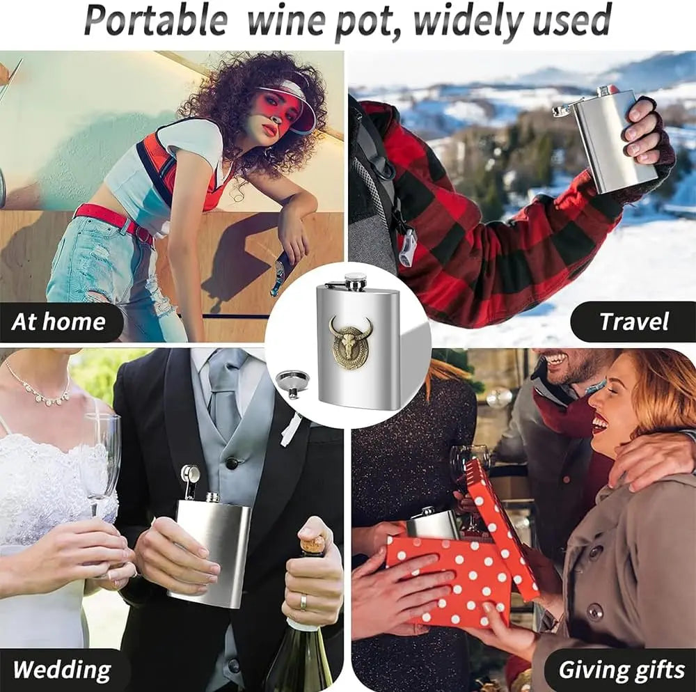Petaca de acero inoxidable de 6 oz con tótem de toro, olla de vino, petaca portátil, botella de alcohol para viaje